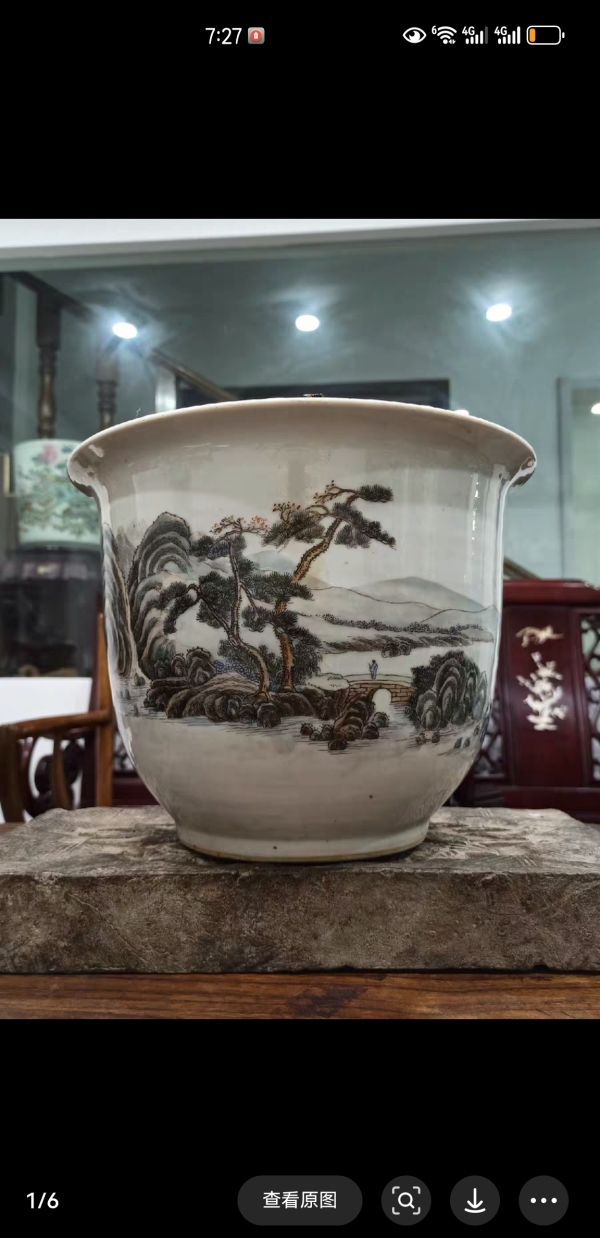 古玩陶瓷山水紋花盆真品鑒賞圖