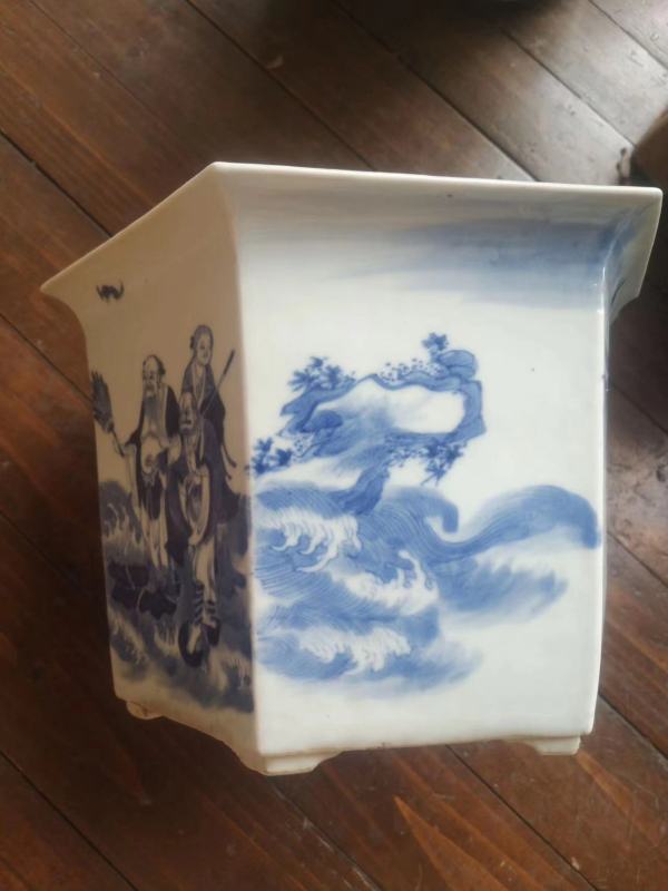 古玩陶瓷八仙圖青花花盆真品鑒賞圖