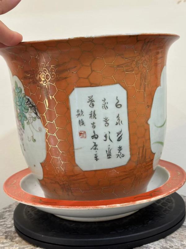 古玩陶瓷花鳥紋粉彩花盆真品鑒賞圖