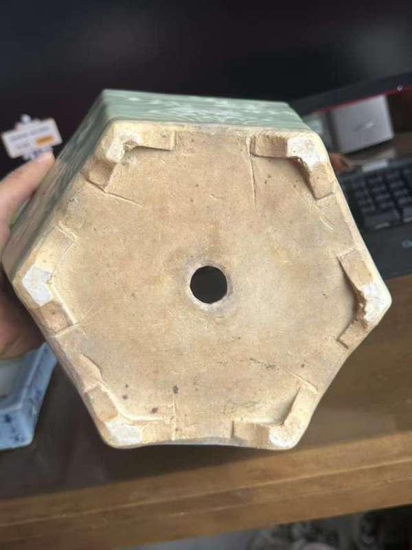 古玩陶瓷豆青釉堆白花卉紋六方花盆真品鑒賞圖