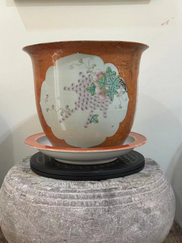 古玩陶瓷花鳥紋粉彩花盆真品鑒賞圖