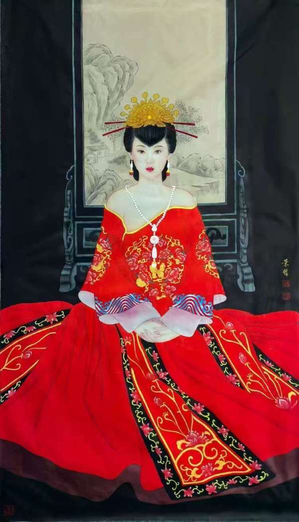 古玩崔景哲紅衣仕女真品鑒賞圖